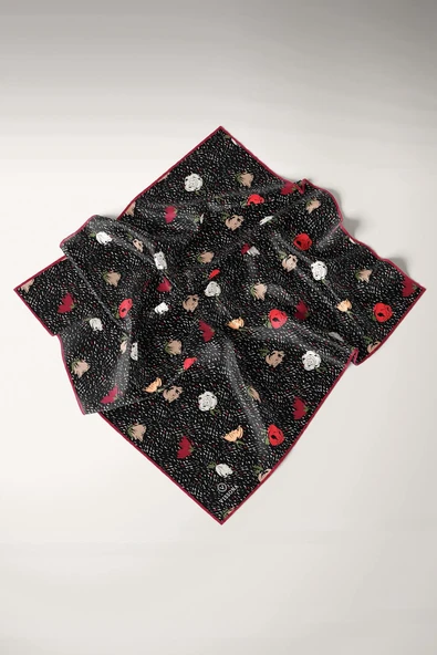 %100 Twill İpek Çıtır Çiçek Desenli Kırmızı - Bordo Renkli 90x90 Eşarp Dikim Şekli : El Dikişi ürün görseli 1