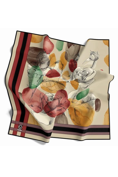 Soft Çiçek Desenli Vizon Renkli 90x90 Eşarp (İpek İçermez) Kenar Dikiş Şekli El Dikişli ürün görseli 1