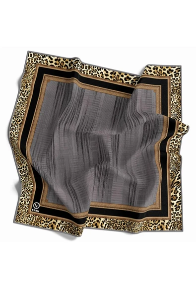 Soft Leopar Bordür Desenli Gri Renkli 90x90 Eşarp (İpek İçermez) Kenar Dikiş Şekli El Dikişli ürün görseli 1