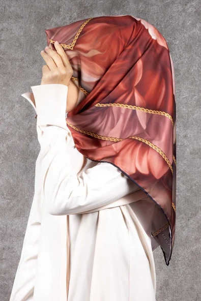 Twill Gül Desenli Somon - Mint Yeşili Renkli 90x90 Eşarp (İpek İçermez) Kenar Dikiş Şekli El Dikişli ürün görseli 1