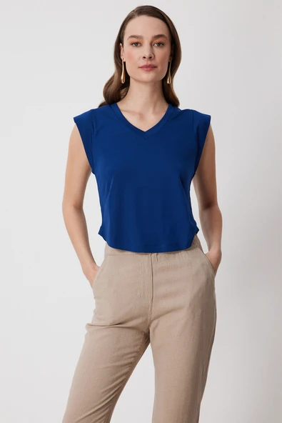 71394 ONTEKS BLUZ V YAKA KISA KOLLU ETEK UCU OVAL ürün görseli 1