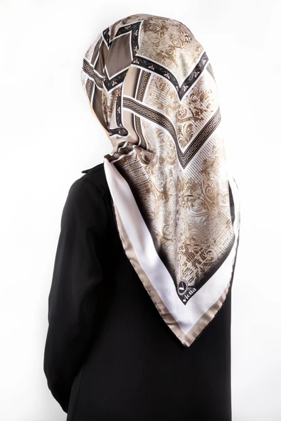 Twill Geometrik Desenli Bej Renkli 90x90 Eşarp (İpek İçermez) Kenar Dikiş Şekli El Dikişli ürün görseli 1