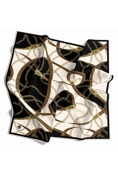 Twill Kemer ve Zincir Desenli Siyah Renkli 90x90 Eşarp (İpek İçermez) Kenar Dikiş Şekli El Dikişli ürün görseli 1
