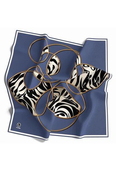 Soft Çember ve Zebra Desenli İndigo Renkli 90x90 Eşarp (İpek İçermez) Kenar Dikiş Şekli El Dikişli ürün görseli 1
