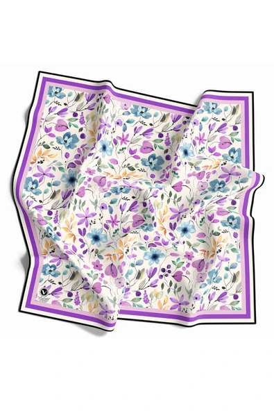 Kristal Bahar Çiçekleri Desenli Mor Renkli 90x90 Eşarp (İpek İçermez) Kenar Dikiş Şekli El Dikişli ürün görseli 1