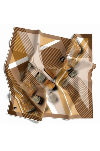 Twill Çizgili ve Geometrik Desenli Sütlükahve Renkli 90x90 Eşarp (İpek İçermez) Kenar Dikiş Şekli El Dikişli ürün görseli 1