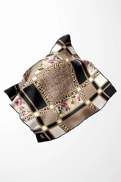 Twill Leopar ve Çiçek Desenli Siyah - Krem Renkli 90x90 Eşarp (İpek İçermez) Dikim Şekli : El Dikişi ürün görseli 1