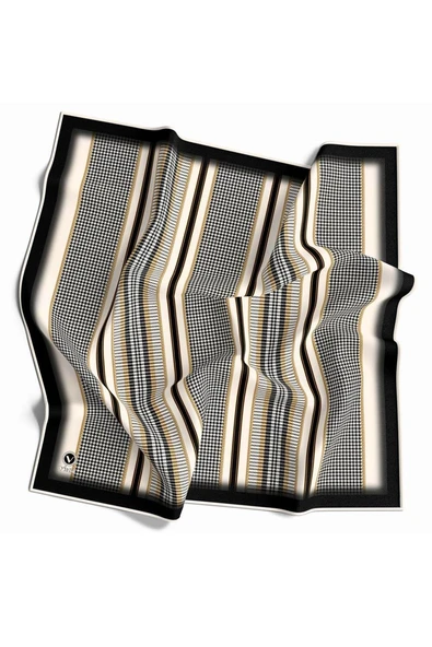 Twill Kazayaklı Şerit Desenli Siyah Renkli 90x90 Eşarp (İpek İçermez) Kenar Dikiş Şekli El Dikişli ürün görseli 1