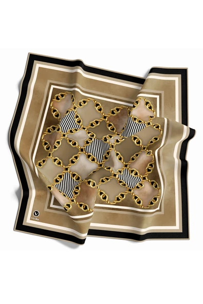 Twill Zincirli Geometrik Desenli Bej Renkli 90x90 Eşarp (İpek İçermez) Dikim Şekli : El Dikişi ürün görseli 1