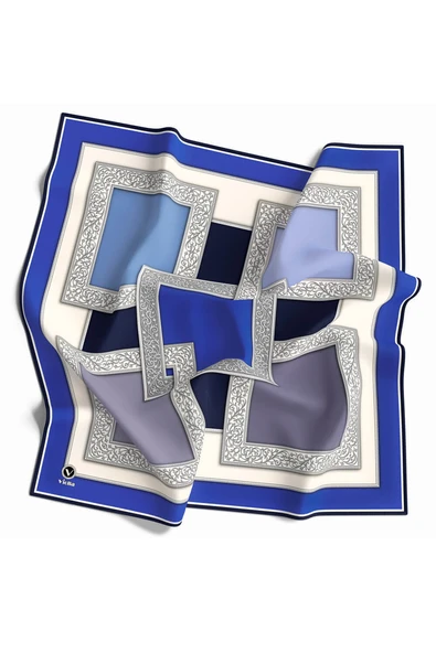 Kristal Geometrik Desenli Saks Renkli 90x90 Eşarp (İpek İçermez) Kenar Dikiş Şekli El Dikişli ürün görseli 1