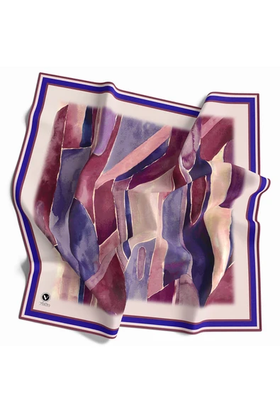 Kristal Suluboya Dokulu Geometrik Desenli Saks Renkli 90x90 Eşarp (İpek İçermez) Kenar Dikiş Şekli El Dikişli ürün görseli 1