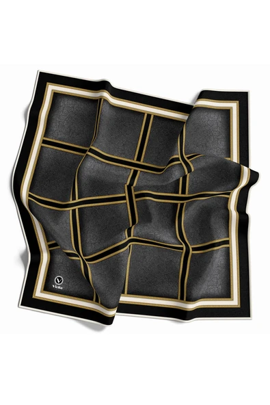 Kristal Taş Efektli Gold Şerit Desenli Füme Renkli 90x90 Eşarp (İpek İçermez) Kenar Dikiş Şekli El Dikişli ürün görseli 1