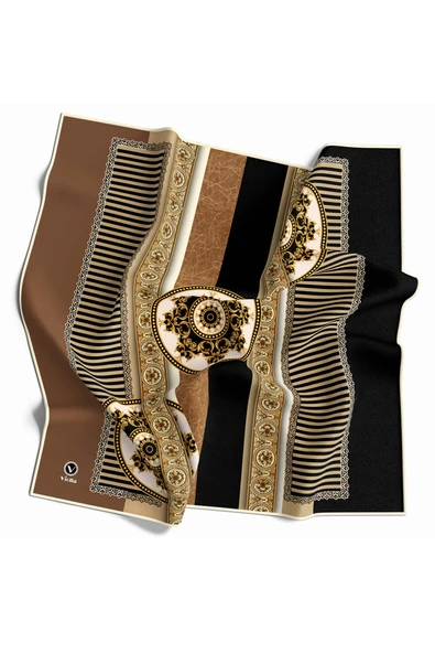 Twill Çizgili ve Barok Desenli Bej Renkli 90x90 Eşarp (İpek İçermez) Kenar Dikiş Şekli El Dikişli ürün görseli 1
