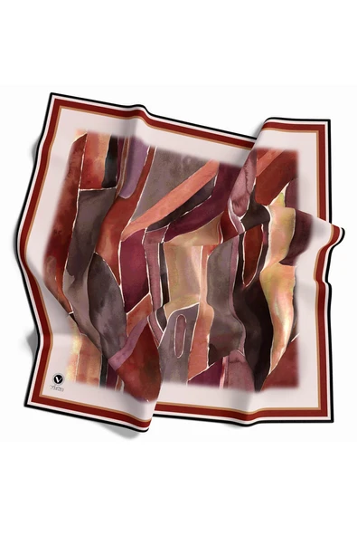 Kristal Suluboya Dokulu Geometrik Desenli Bordo Renkli 90x90 Eşarp (İpek İçermez) Kenar Dikiş Şekli El Dikişli ürün görseli 1