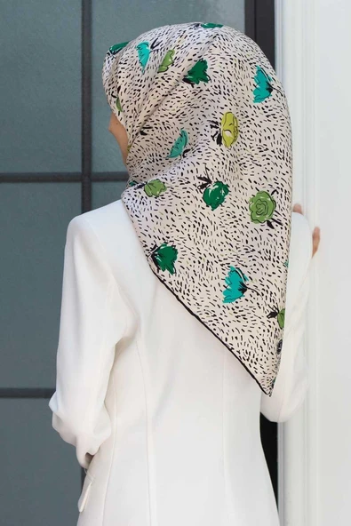 %100 Twill İpek Çıtır Çiçek Desenli Haki - Krem Renkli 90x90 Eşarp Dikim Şekli : El Dikişi ürün görseli 1