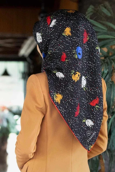 %100 Twill İpek Çıtır Çiçek Desenli Kırmızı - Saks Renkli 90x90 Eşarp Dikim Şekli : El Dikişi ürün görseli 1