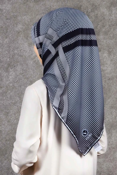 Twill Çizgili Pötikareli Çizgili Desenli Siyah - Gri Renkli 90x90 Eşarp (İpek İçermez) ürün görseli 1