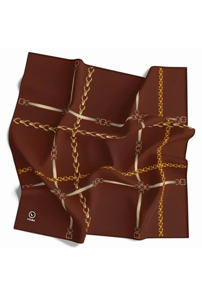 Soft Zincir Desenli Taba Renkli 90x90 Eşarp (İpek İçermez) Kenar Dikiş Şekli El Dikişli ürün görseli 1