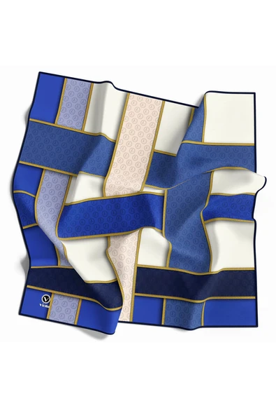 Twill Şeritleri Monogram Desenli Saks Renkli 90x90 Eşarp (İpek İçermez) Dikim Şekli : El Dikişi ürün görseli 1