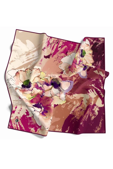 Twill Çiçek Desenli Mürdüm Renkli 90x90 Eşarp (İpek İçermez) Dikim Şekli : El Dikişi ürün görseli 1