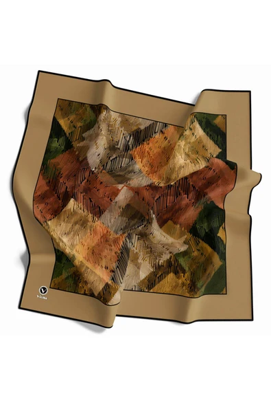 Soft Twill Bordürlü Karalama Desenli Bej Renkli 90x90 Eşarp (İpek İçermez) Kenar Dikiş Şekli El Dikişli ürün görseli 1