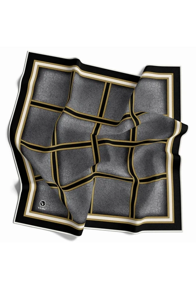 Kristal Taş Efektli Gold Şerit Desenli Gri Renkli 90x90 Eşarp (İpek İçermez) Kenar Dikiş Şekli El Dikişli ürün görseli 1