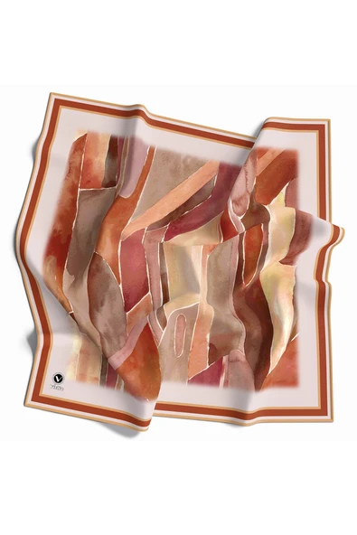 Kristal Suluboya Dokulu Geometrik Desenli Taba Renkli 90x90 Eşarp (İpek İçermez) Kenar Dikiş Şekli El Dikişli ürün görseli 1