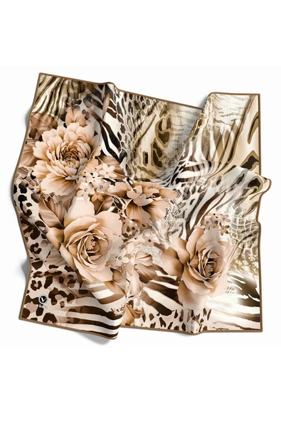 Twill Renkli Şerit Desenli Bej Renkli 90x90 Eşarp (İpek İçermez) Kenar Dikiş Şekli El Dikişli ürün görseli 1