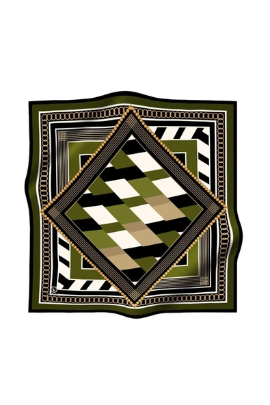 Soft Geometrik Desenli Haki Renkli 90x90 Eşarp (İpek İçermez) Kenar Dikiş Şekli El Dikişli ürün görseli 1