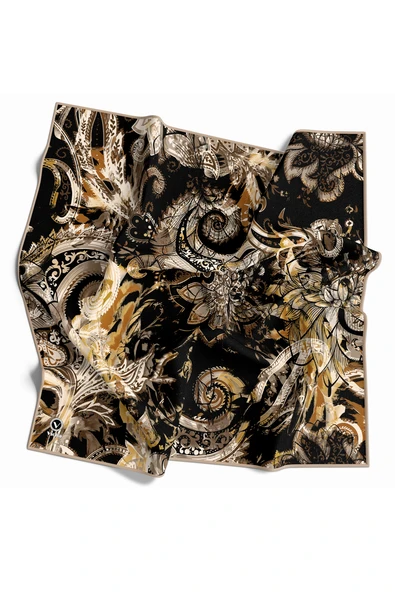 Twill Şal Desenli Bej Renkli 90x90 Eşarp (İpek İçermez) Kenar Dikiş Şekli El Dikişli ürün görseli 1