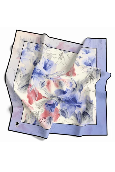 Soft Twill Suluboya Çiçek Desenli İndigo Mavisi Renkli 90x90 Eşarp (İpek İçermez) Kenar Dikiş Şekli El Dikişli ürün görseli 1