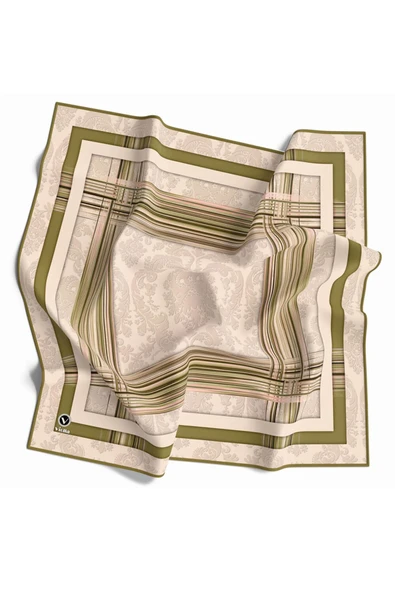 Soft Çerçeveli ve Batik Desenli Bej Renkli 90x90 Eşarp (İpek İçermez) Kenar Dikiş Şekli El Dikişli ürün görseli 1