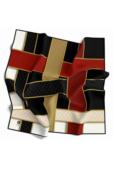 Twill Şeritleri Monogram Desenli Siyah - Bordo Renkli 90x90 Eşarp (İpek İçermez) Dikim Şekli : El Dikişi ürün görseli 1