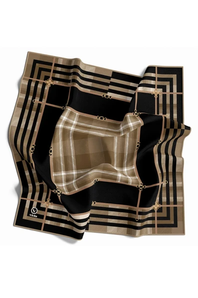 Twill Kemerli ve Ekose Desenli Siyah Renkli 90x90 Eşarp (İpek İçermez)Kenar Dikiş Şekli El Dikişli ürün görseli 1