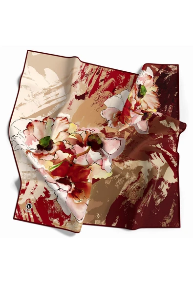 Twill Çiçek Desenli Bordo Renkli 90x90 Eşarp (İpek İçermez) Dikim Şekli : El Dikişi ürün görseli 1