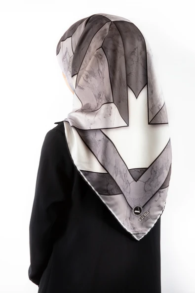 Twill Mermer Desenli Siyah - Krem Renkli 90x90 Eşarp (İpek İçermez) Kenar Dikiş Şekli El Dikişli ürün görseli 1