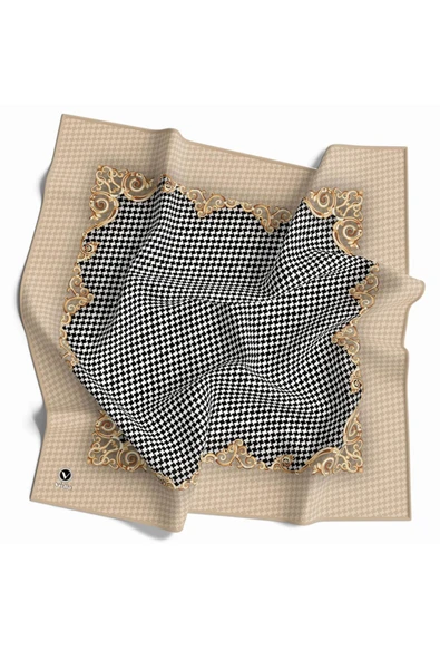 Soft Bordürlü Barok Çerçeveli Kazayağı Desenli Bej Renkli 90x90 Eşarp (İpek İçermez) Kenar Dikiş Şekli El Dikişli ürün görseli 1