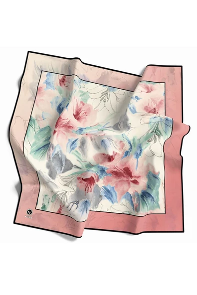 Soft Twill Suluboya Çiçek Desenli Pudra Renkli 90x90 Eşarp (İpek İçermez) Kenar Dikiş Şekli El Dikişli ürün görseli 1