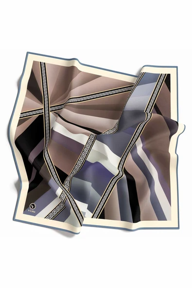 Kristal Geometrik Desenli Bej - İndigo Renkli 90x90 Dikim Şekli : El Dikişi Eşarp (İpek İçermez) ürün görseli 1