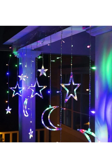Usb Bağlantılı Ay Yıldız Saçak Perde Rgb (RENKLİ) Ramazan Parti Yılbaşı Led Işık Animasyonlu ürün görseli 1