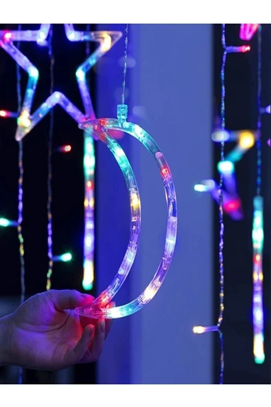Ay Yıldızlı Sarkıt Perde Led Işık Yılbaşı Süsleme 3 Metre Saçak USB GİRİŞ ürün görseli 1