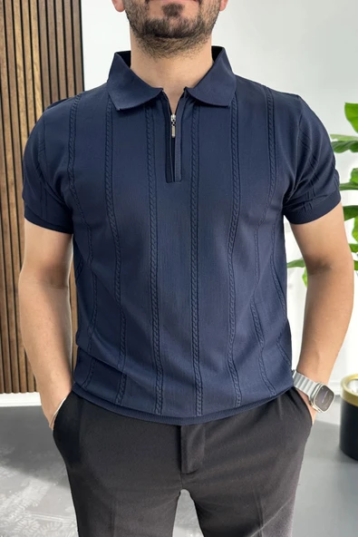 Erkek Desenli Polo Yaka Tişört Lacivert Edw457 ürün görseli 1