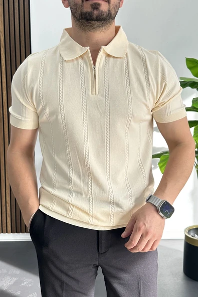 Erkek Desenli Polo Yaka Tişört Krem Edw457 ürün görseli 1
