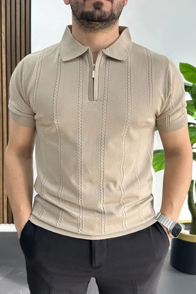 Erkek Desenli Polo Yaka Tişört Vizon Edw457 ürün görseli 1