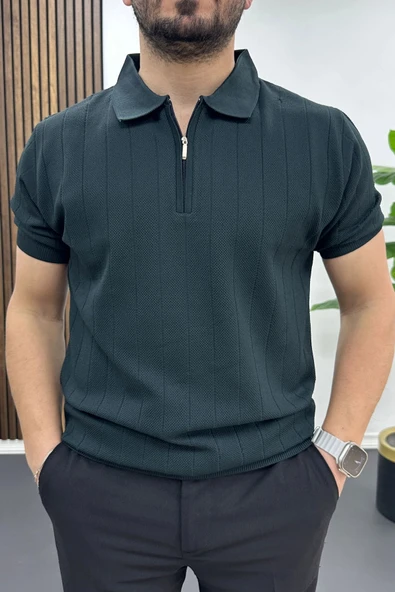 Erkek Nokta Desenli Polo Yaka Tişört Yeşil Edw462 ürün görseli 1