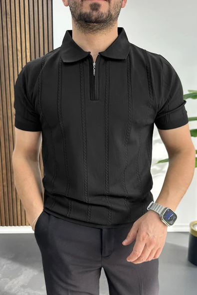Erkek Desenli Polo Yaka Tişört Siyah Edw457 ürün görseli 1