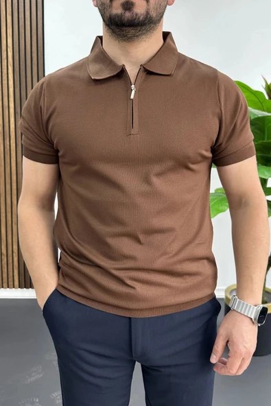 Erkek Polo Yaka Düz Tişört Kahverengi Edw455 ürün görseli 1
