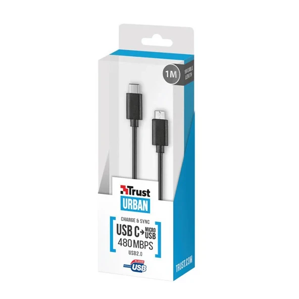 Trust 21316 USB2.0 Micro USB-Type C Şarj Kablosu Siyah 1m ürün görseli 1