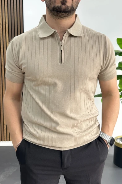 Erkek Çizgi Desenli Polo Yaka Vizon Edw458 ürün görseli 1