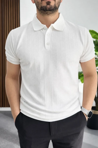 Erkek Desenli Polo Yaka Tişört Beyaz Edw460 ürün görseli 1